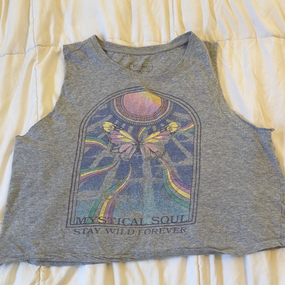 Miken Gray Muscle Tee with Rainbow Butterfly Graphic